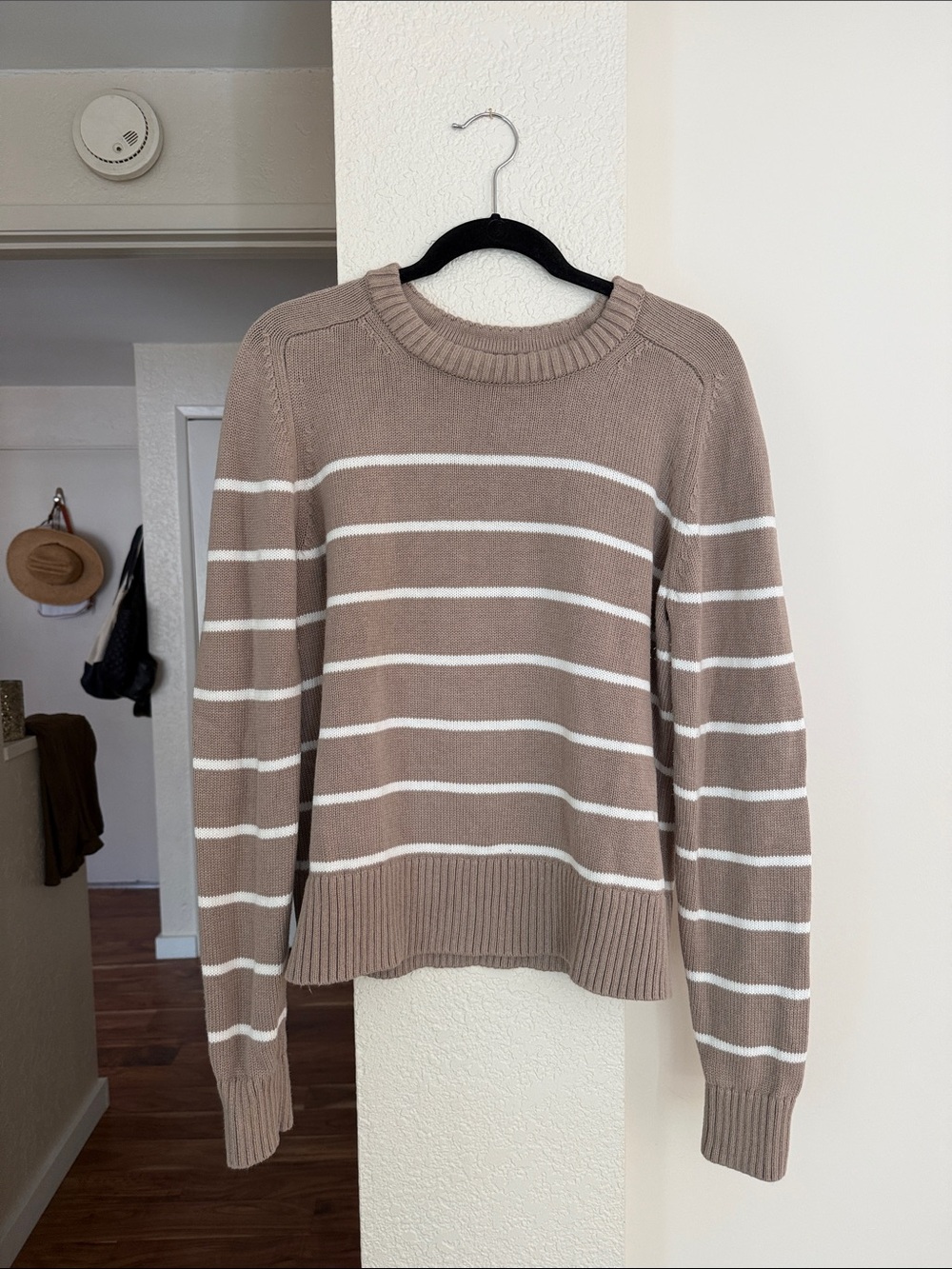 Banana Republic Taupe and White Striped Crewneck Sweater